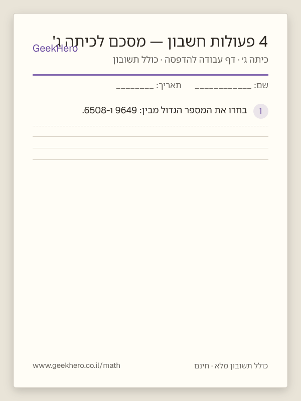 תצוגה מקדימה של דף העבודה 4 פעולות חשבון — מסכם לכיתה ג' להדפסה — 15 שאלות עם תשובון